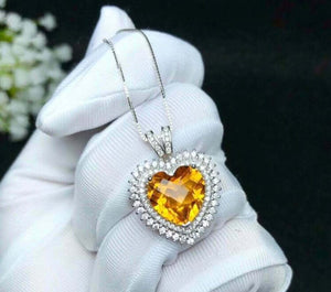 2.4ct Yellow Citrine Pendant Heart Cut Dual Halo 14k White Gold Finish NO CHAIN