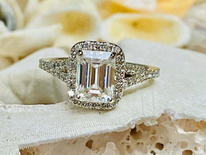 2.7ct Engagement Ring Emerald Cut Diamond Split Shank Halo 14k White Gold Finish