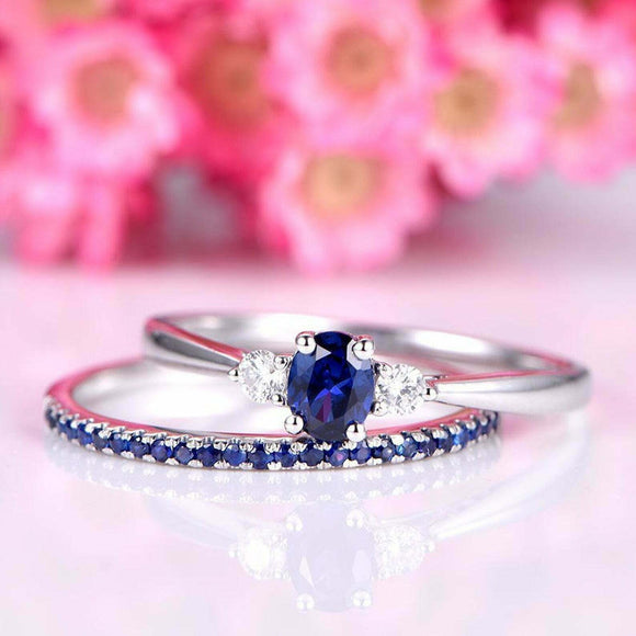 1.5ct Oval Blue Sapphire Engagement Ring Trilogy Bridal Set 14k White Gold Over