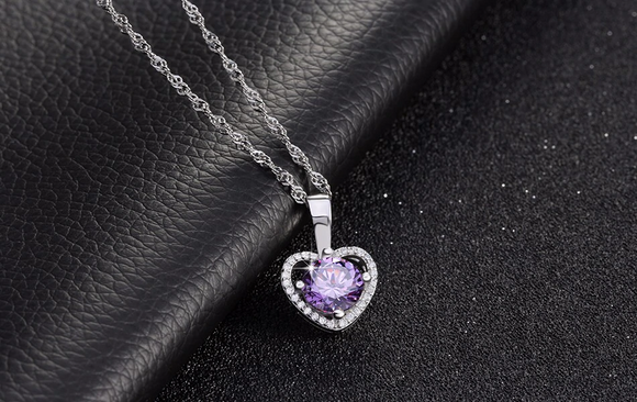 1.2ct Round Cut Purple Amethyst Pendant Heart Shape 14k White Gold Over NO CHAIN