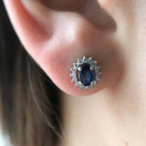 2ct Oval Cut Blue Sapphire Diamond Halo Stud Earrings 14k White Gold Finish