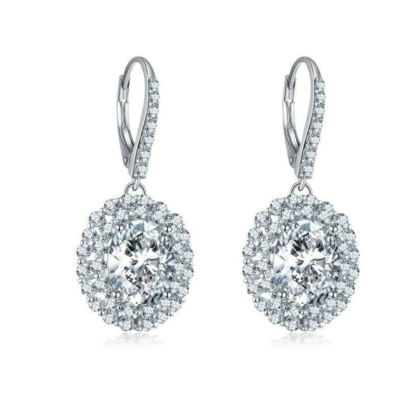 2ct Oval Cut VVS1D Diamond Double Halo Drop Earrings 14k White Gold Finish