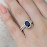 2.5ct Oval Cut Blue Sapphire Engagement Ring Halo Bridal Set 14k YellowGold Over