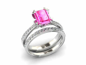 2.7ct Emerald Cut Pink Sapphire Engagement Ring Bridal Set 14k White Gold Finish