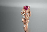 1ct Round Pink Ruby Engagement Ring Flower Leaf Rose Solitaire 14k RoseGold Over