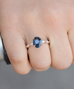 1ct Oval Cut Blue Sapphire Marquise Accent Engagement Ring 18k Rose Gold Finish