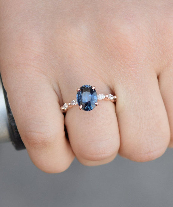 1ct Oval Cut Blue Sapphire Marquise Accent Engagement Ring 18k Rose Gold Finish