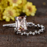 2ct Emerald Cut Morganite Engagement Ring Bridal Set Band 14k White Gold Finish