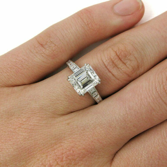 4Ct Emerald Diamond Engagement Ring 14K White Gold Over Asscher Cut Band Stones