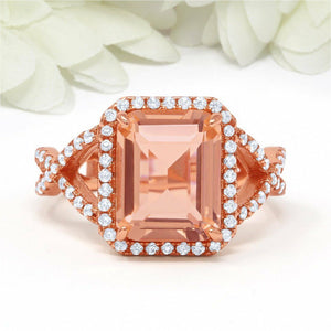 4Ct Emerald Cut Morganite Infinity Band Halo Engagement Ring 14K Rose Gold Over