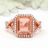 4Ct Emerald Cut Morganite Infinity Band Halo Engagement Ring 14K Rose Gold Over