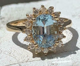 4ct Engagement Ring Oval Cut Blue Aquamarine Diamond Halo 14k Yellow Gold Finish