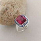 2.1ct Engagement Ring Emerald Cut Pink Ruby Tanzanite Halo 14k White Gold Finish