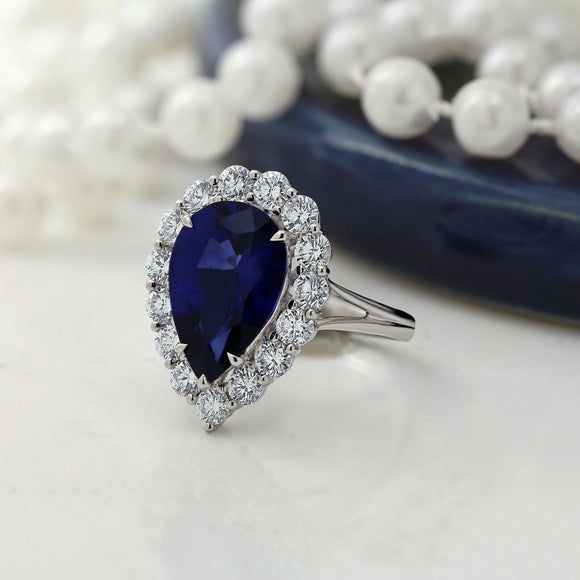 3.5Ct Pear Cut Blue Sapphire Diamond Halo Engagement Ring 14K White Gold Finish