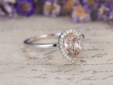 1.2ct Pear Cut Peach Morganite Engagement Ring 14k White Gold Finish Halo Women