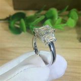 3ct Emerald Cut Diamond Trilogy Solitaire Engagement Ring 14k White Gold Finish