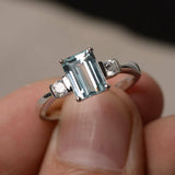 1.2ct Emerald Cut Blue Aquamarine Engagement Ring 14k White Gold Finish Trilogy