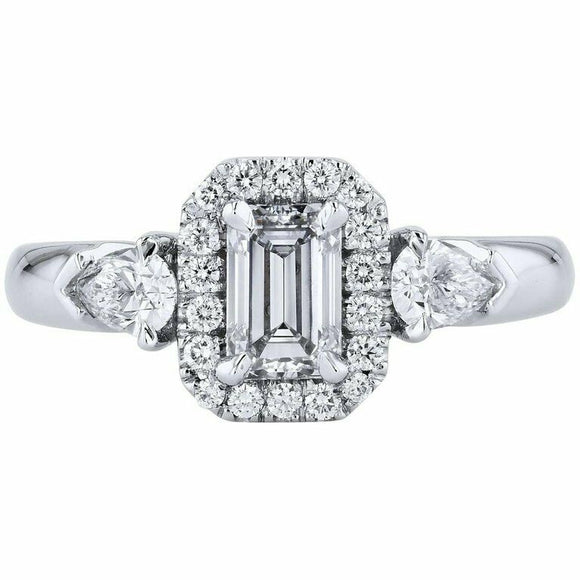 2.3ct Emerald Cut Diamond Engagement Ring Halo Pear Accent 14k White Gold Finish