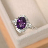 2ct Oval Cut Purple Amethyst Solitaire Round Floral Halo Ring 14k WhiteGold Over