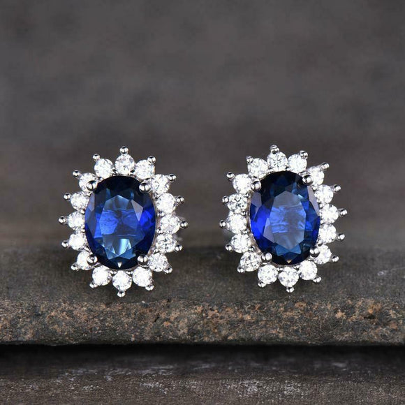 2.3ct Stud Earrings Oval Cut Sapphire Diamond Floral Halo 14k White Gold Finish