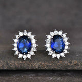 2.3ct Stud Earrings Oval Cut Sapphire Diamond Floral Halo 14k White Gold Finish