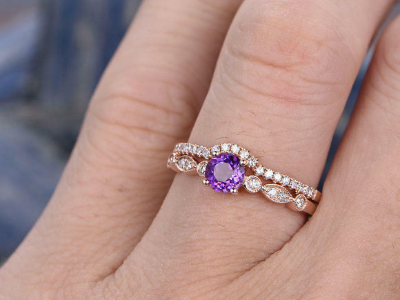 1.5Ct Round Cut Purple Amethyst Minimalist Bridal Set Ring 14K Rose Gold Finish