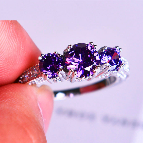 2ct Round Cut Purple Amethyst Engagement Ring 14k White Gold Over Unique Trilogy