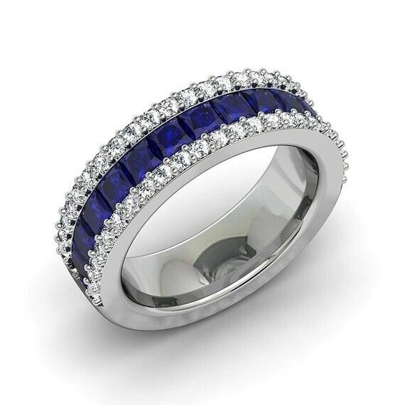 2ct Princess Cut Blue Sapphire Eternity Wedding Band Ring 14k White Gold Finish