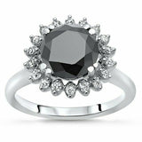 3Ct Round Cut Black Diamond Sunflower Halo Solitaire Ring 14K White Gold Finish