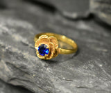 1ct Engagement Ring Round Cut Blue Sapphire Flower Solitaire 14k YellowGold Over