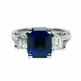 3.75ct Emerald Cut Blue Sapphire Engagement Ring Trilogy 14k White Gold Finish