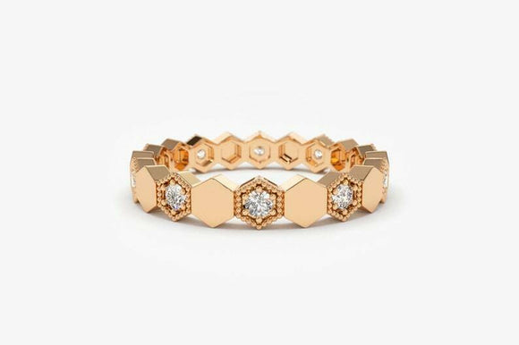 2ct Wedding Ring Band Round Cut Diamond Milgrain Hexagon 14k Rose Gold Finish