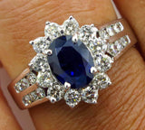 4Ct Oval Blue Sapphire Diamond Halo Floral Engagement Ring 14K White Gold Finish