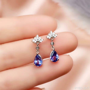 2ct Drop Earrings Pear Cut Blue Tanzanite Dangling Cluster 14k White Gold Finish