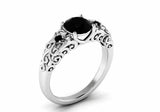 Floral Filigree Solitaire Ring 1.6ct Round Cut Black Diamond 14k White Gold Over