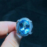 3.45ct Oval Cut Blue Topaz Halo Signet Engagement Men Ring 14k White Gold Finish