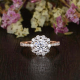 Cluster Floral Solitaire Engagement Ring 2ct Round Cut Diamond 14k RoseGold Over