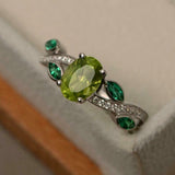 2ct Oval Green Peridot Diamond Leaf Accents Engagement Ring 14k WhiteGold Finish