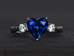 1.4ct Engagement Ring Heart Cut Blue Sapphire Three Stone 14k White Gold Finish