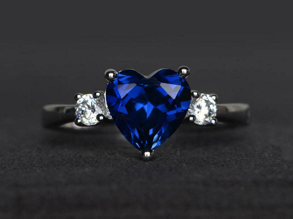 1.4ct Engagement Ring Heart Cut Blue Sapphire Three Stone 14k White Gold Finish