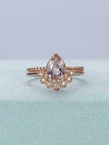 1.2ct Pear Cut  Morganite Curved Bridal Set Engagement Ring 14k Rose Gold Finish