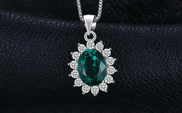 2.3ct Green Emerald Pendant Oval Cut Diamond Floral 14k White Gold Over NO CHAIN