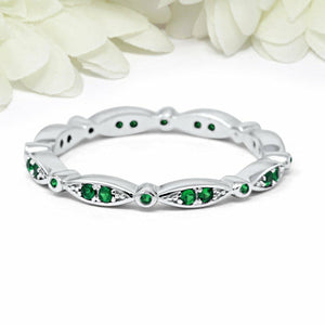 1Ct Round Cut Green Emerald Minimal Stackable Wedding Band 14K White Gold Finish