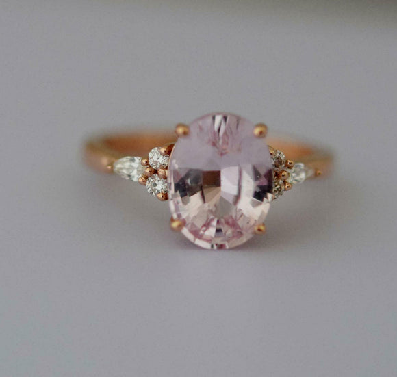 3.15ct Oval Cut Morganite Solitaire Ring 14k Rose Gold Finish with Round Accents