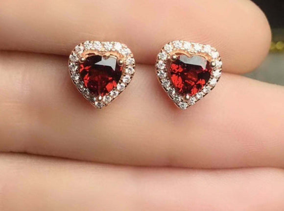 1.7ct Stud Earrings Heart Cut Garnet Diamond Halo 14k Yellow Gold Finish