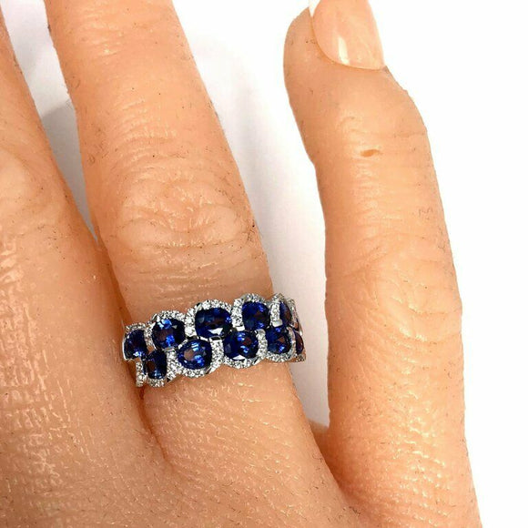 2.3ct Oval Cut Blue Sapphire Two Row Halo Wedding Band Ring 14k White Gold Over