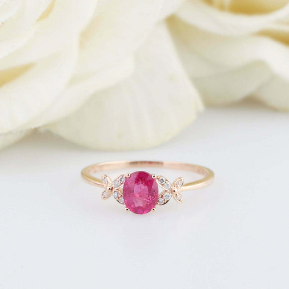 1.2ct Oval Cut Pink Ruby Solitaire Butterfly Accents Ring 14k Yellow Gold Finish