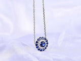 2ct Round Cut Blue Sapphire Pendant with Chain Double Halo 14k White Gold Finish