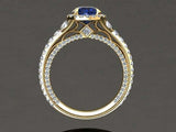 3ct Round Blue Sapphire Milgrain Accent Diamond Halo Ring 14k Yellow Gold Finish