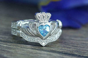 2ct Heart Cut Blue Topaz Engagement Ring Claddagh Bridal Set 14k White Gold Over